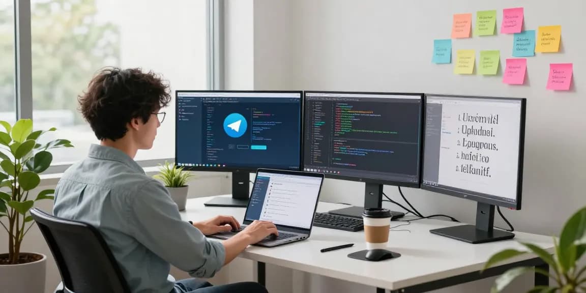 Developers using Telegram下载 in a collaborative workspace.
