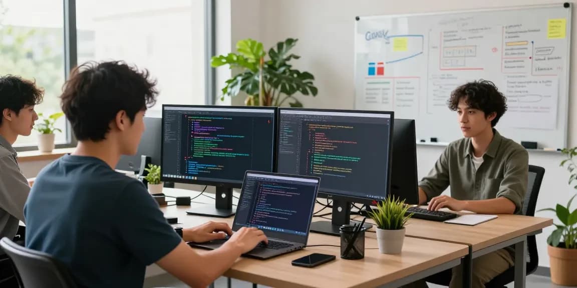 Developers collaborating in a tech workspace utilizing generative AI tools on their screens.