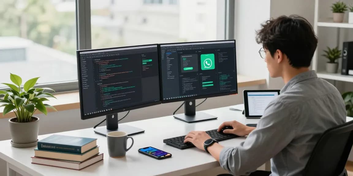 Developer coding WhatsApp下載 app in a modern workspace with dual monitors and technical documentation.