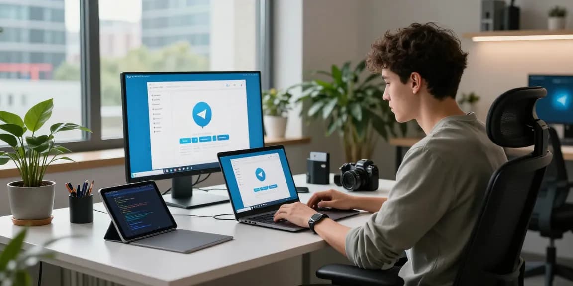 Developer focused on Telegram Download interface in a modern workspace, showcasing a vibrant tech environment.