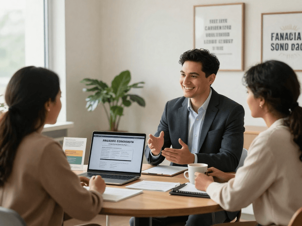 Financial advisor discussing consolidation options with clients in a friendly counseling session.