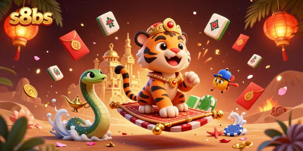 Engage in the online casino experience with vibrant elements showcasing s8bs, including a magical sultan and festive decorations.