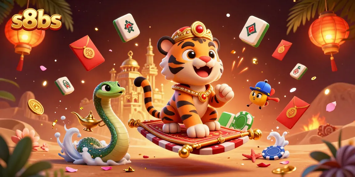 Engage in the online casino experience with vibrant elements showcasing s8bs, including a magical sultan and festive decorations.