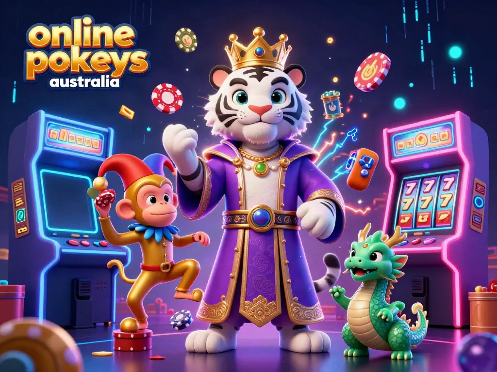 Experience the excitement of online pokies Australia with vibrant characters and gaming elements featured in a dynamic scene.