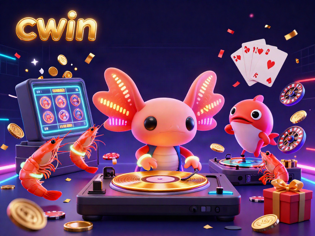 Spin the reels with cwin in a vibrant underwater DJ party, featuring neon axolotl and shrimp dancers.