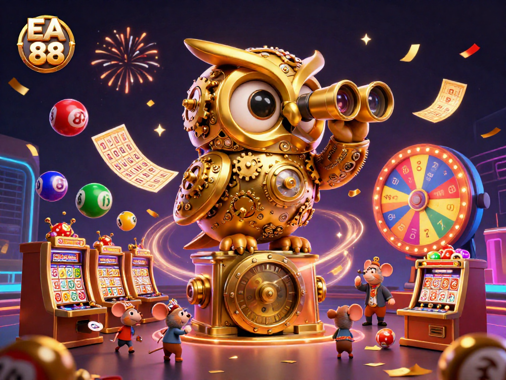Win big with EA 88 in this vibrant casino scene showcasing playful characters and dynamic gaming elements.