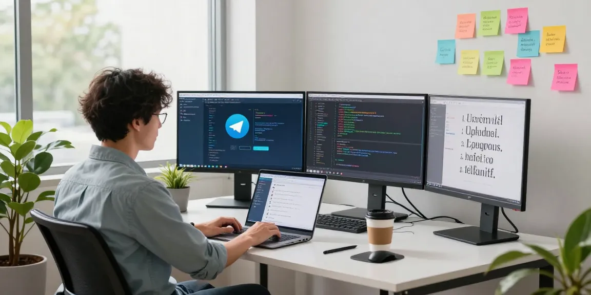 Developers using Telegram下载 in a collaborative workspace.