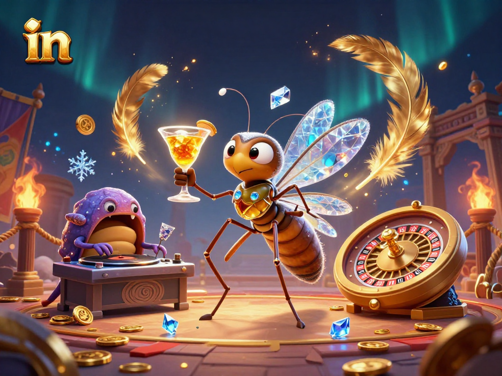 Engaging casino scene featuring a mosquito mascot, trilobite DJ, and roulette wheel in an interactive festival atmosphere.