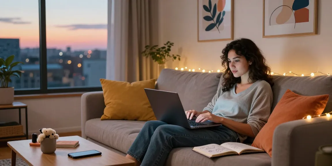 Engaging in NSFW AI chat on a cozy sofa with vibrant surroundings.