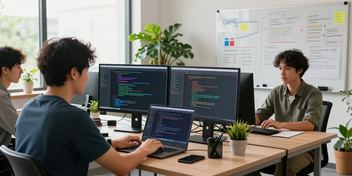 Developers collaborating in a tech workspace utilizing generative AI tools on their screens.