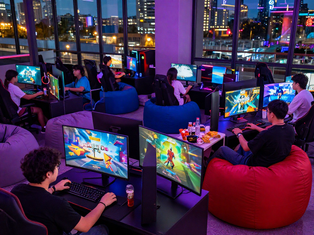 Players enjoying different porngame experiences in a colorful gaming lounge