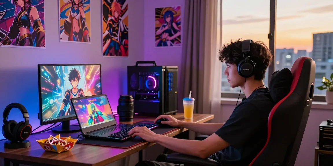 Engaging gamer playing ecchi games on a stylish laptop in a cozy room, vibrant gaming setup with LED lights.