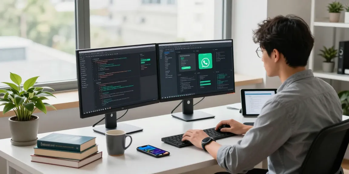 Developer coding WhatsApp下載 app in a modern workspace with dual monitors and technical documentation.