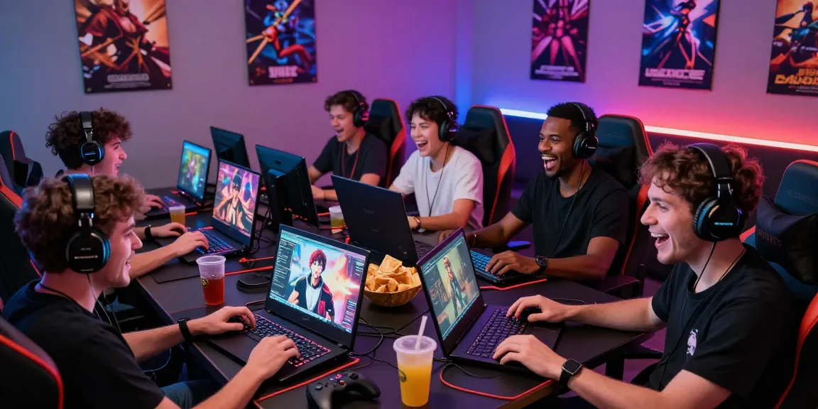Engaged gamers playing various hentai games in a vibrant gaming lounge.