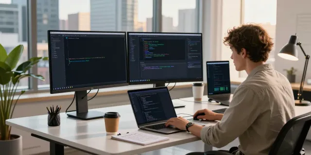 Developer utilizing instant indexing tools in a modern workspace with multiple screens.