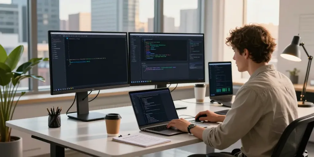 Developer utilizing instant indexing tools in a modern workspace with multiple screens.
