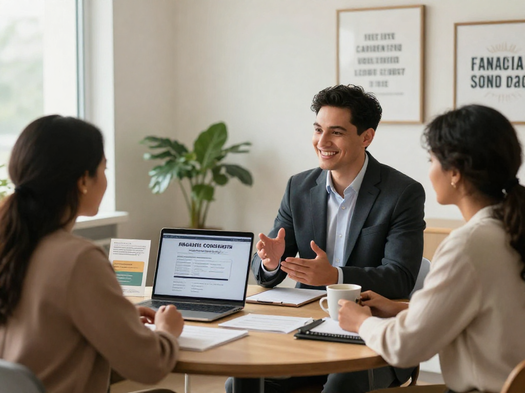 Financial advisor discussing consolidation options with clients in a friendly counseling session.