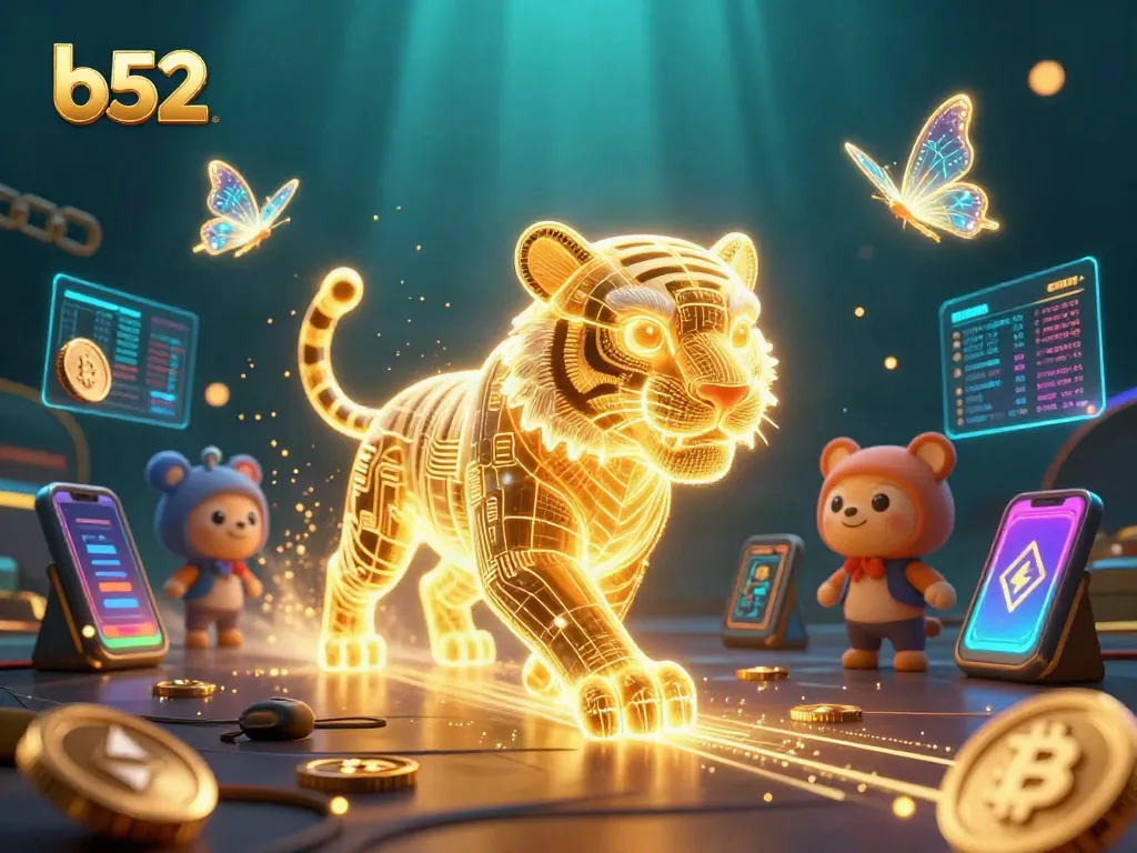 Engage with b52-inspired online casino adventures featuring a glowing tiger and crypto elements.