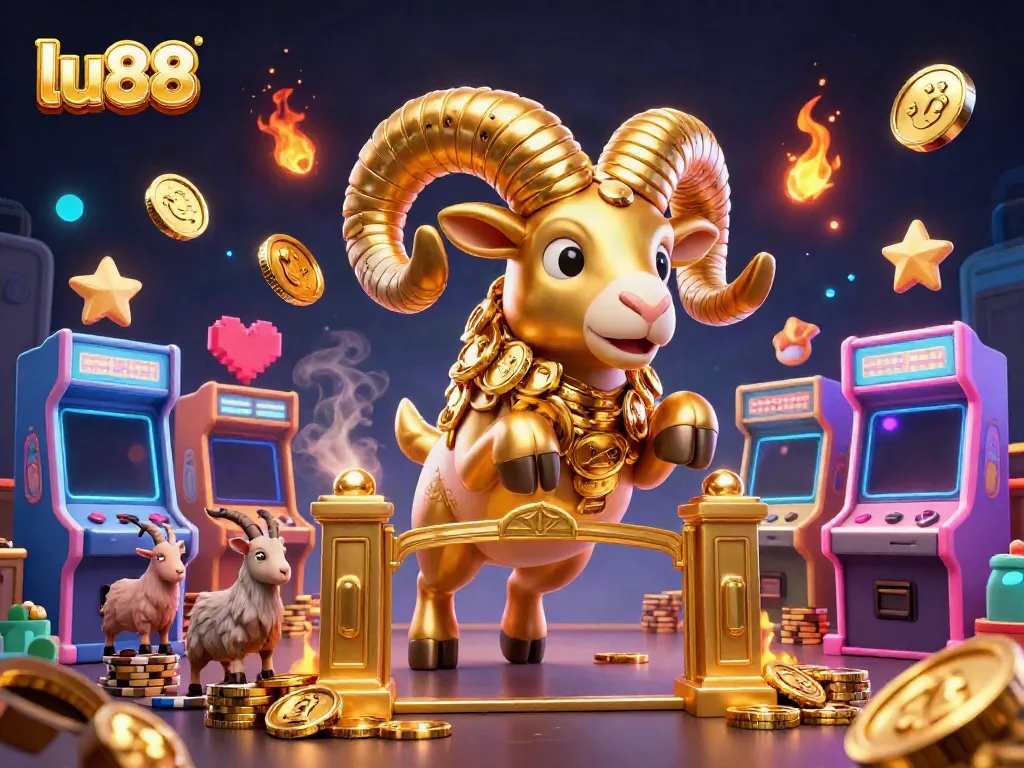 Experience gaming excitement at LU88, highlighted by a charging golden ram and vibrant arcade elements