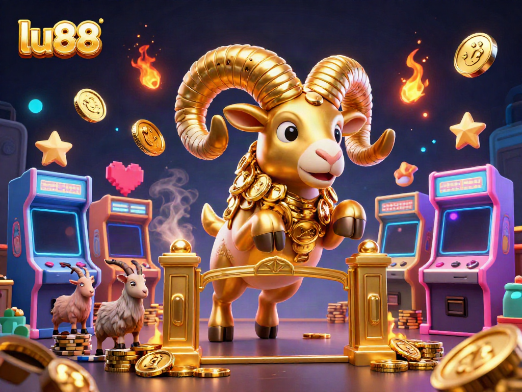 Experience gaming excitement at LU88, highlighted by a charging golden ram and vibrant arcade elements