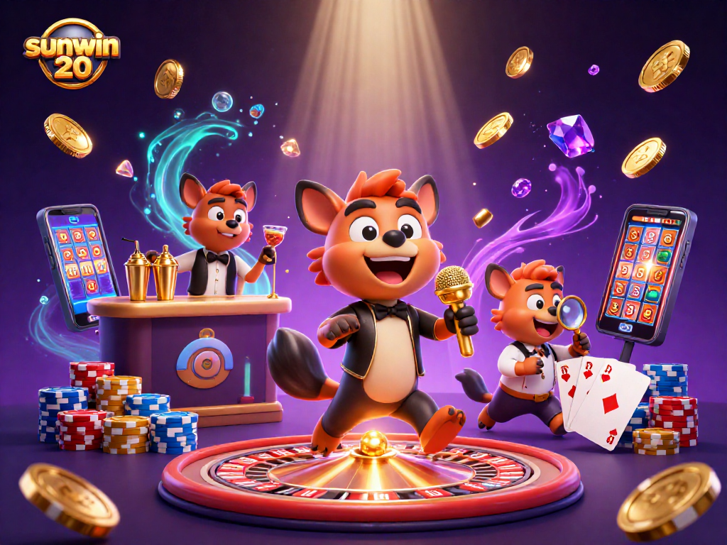 Engage in the vibrant sunwin 20 casino scene featuring hyenas, golden coins, and vivid gaming elements.