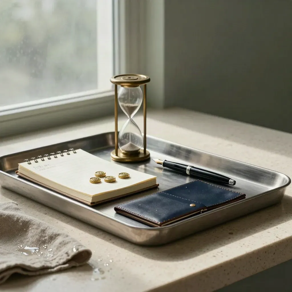 Premium planning still life with task tray, notebook, tokens, hourglass and leather sleeve on travertine.