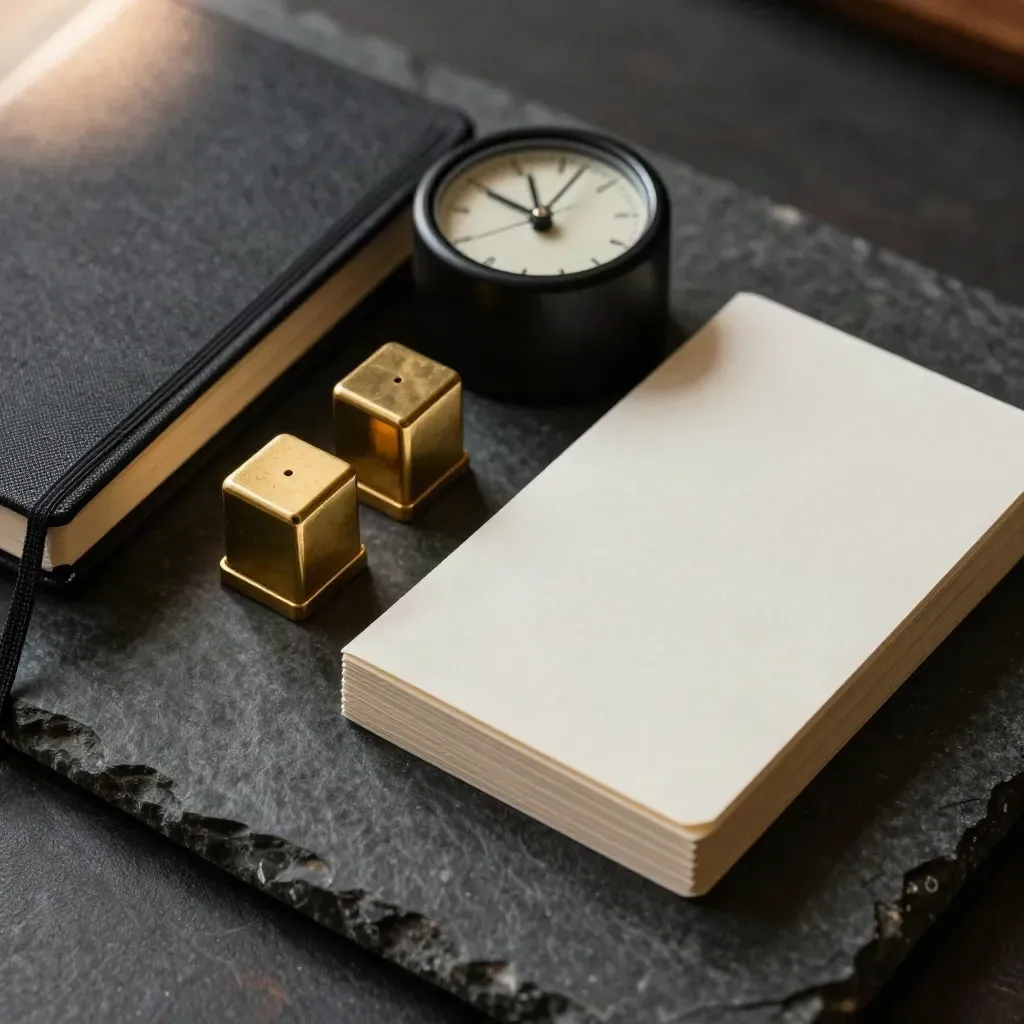 Overhead planning still life with notebook, timer, brass weights and stacked cards on dark stone.