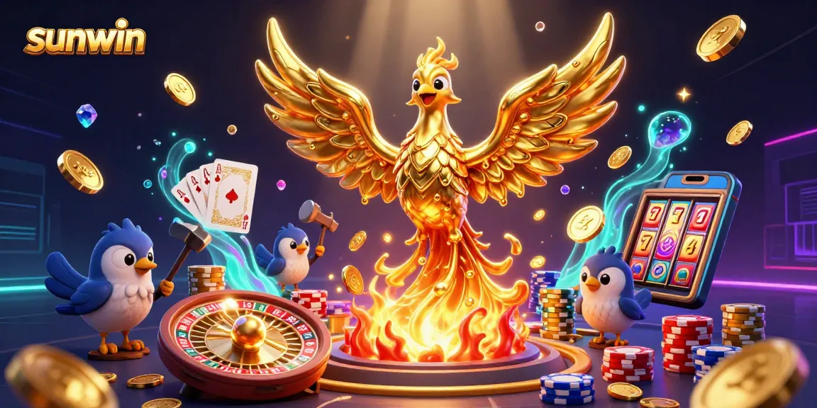 Experience the thrilling world of sunwin with a golden phoenix, dazzling coins, and vibrant casino elements.