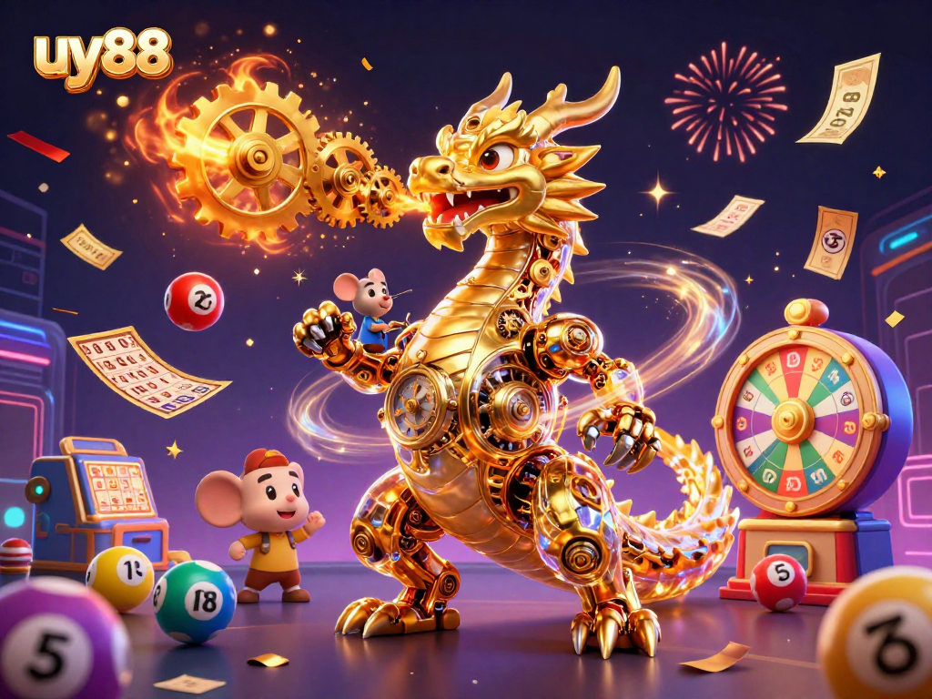 uy88 showcases a vibrant 3D dragon with gears, embodying gameplay excitement in a colorful casino scene.
