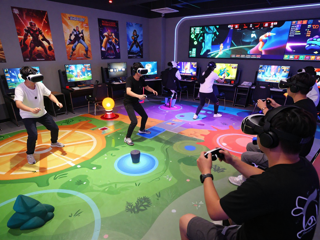 Engaging scene of players enjoying a 3D porn game with VR headsets in a vibrant gaming environment.