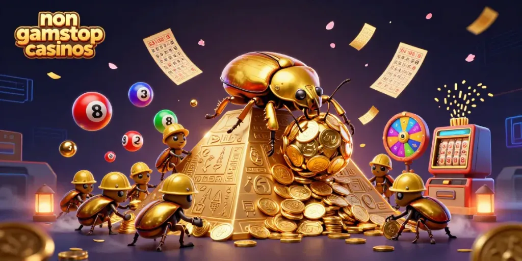 Engaging 3D scene of non gamstop casinos with animated golden dung beetles and lottery elements