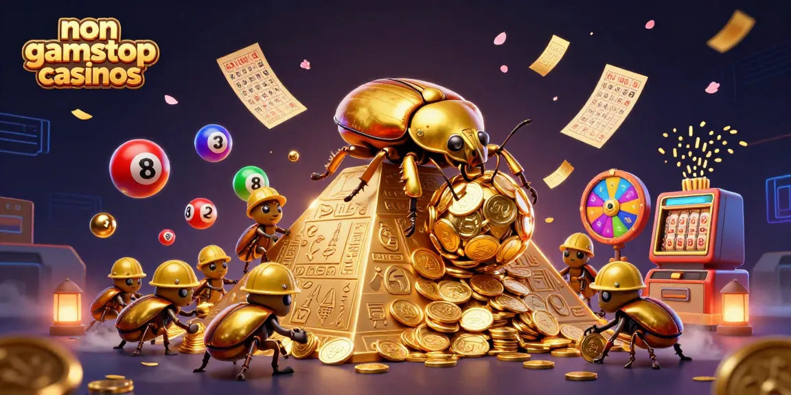 Engaging 3D scene of non gamstop casinos with animated golden dung beetles and lottery elements
