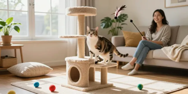 Cat climbing a stylish cat tower cat tree in a sunny living room, showcasing playful interaction.