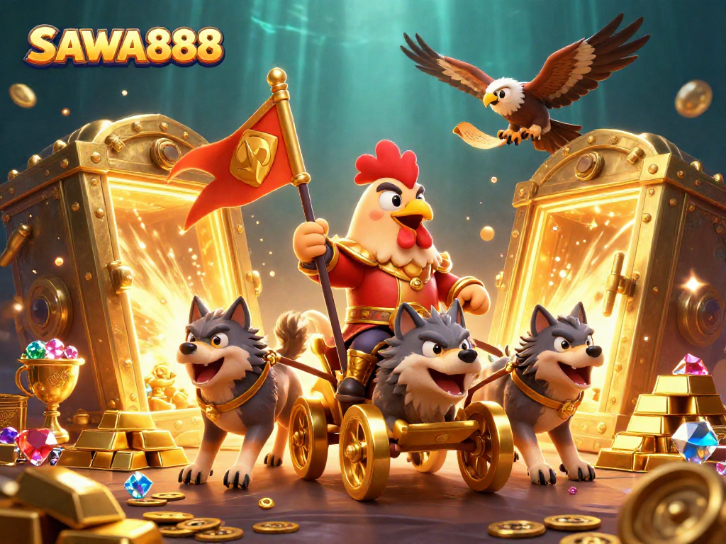 Experience thrill and excitement with SAWA888's vibrant casino adventure illustration, showcasing dynamic characters and treasures.