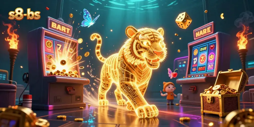 Experience the thrill of the casino with s8-bs featuring a golden tiger amidst vibrant gaming elements.