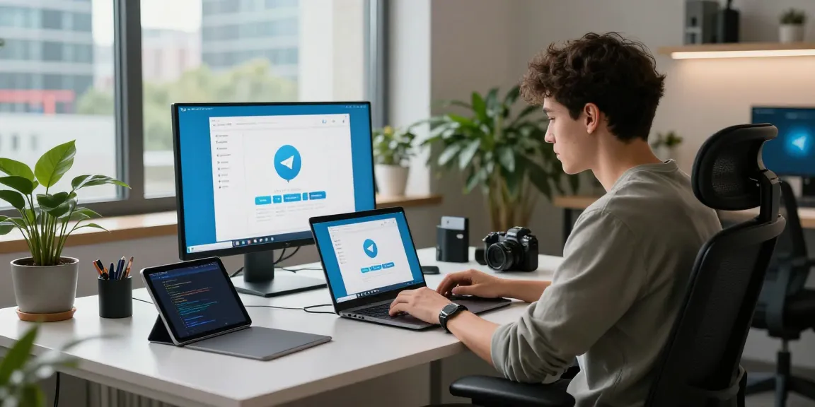 Developer focused on Telegram Download interface in a modern workspace, showcasing a vibrant tech environment.