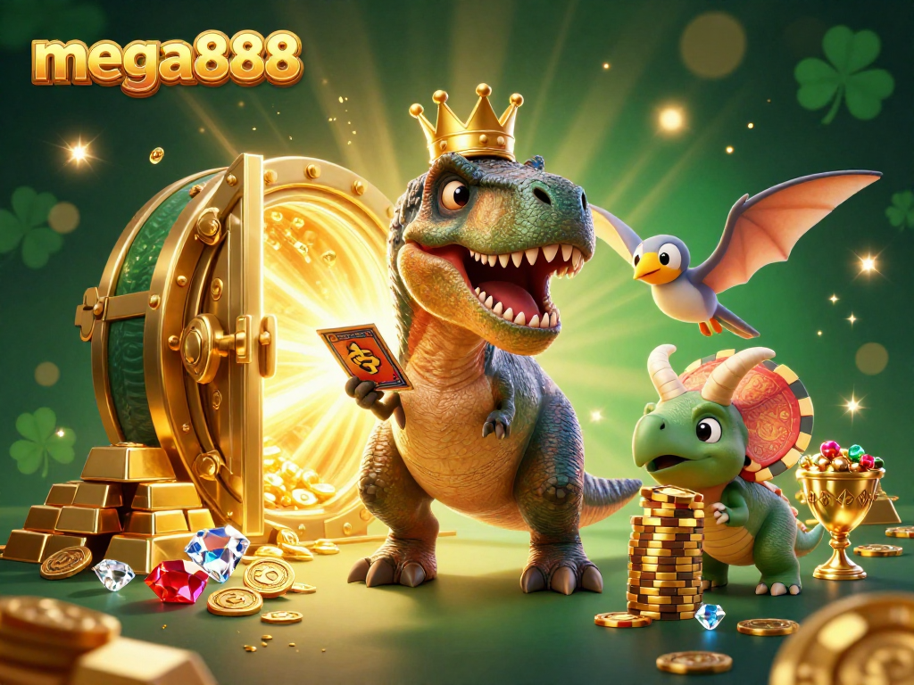 Mega888 menawarkan pengalaman bermain slot yang mendebarkan dengan T-Rex dan triceratops menumpuk cip emas.