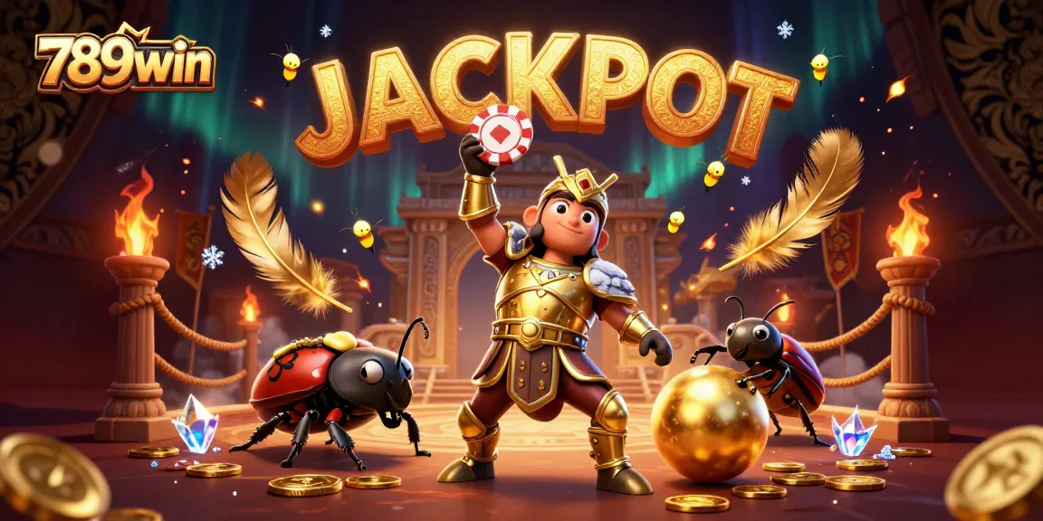 Experience the thrilling energy of 789win with a heroic beetle lifting a poker chip and a dazzling jackpot display.