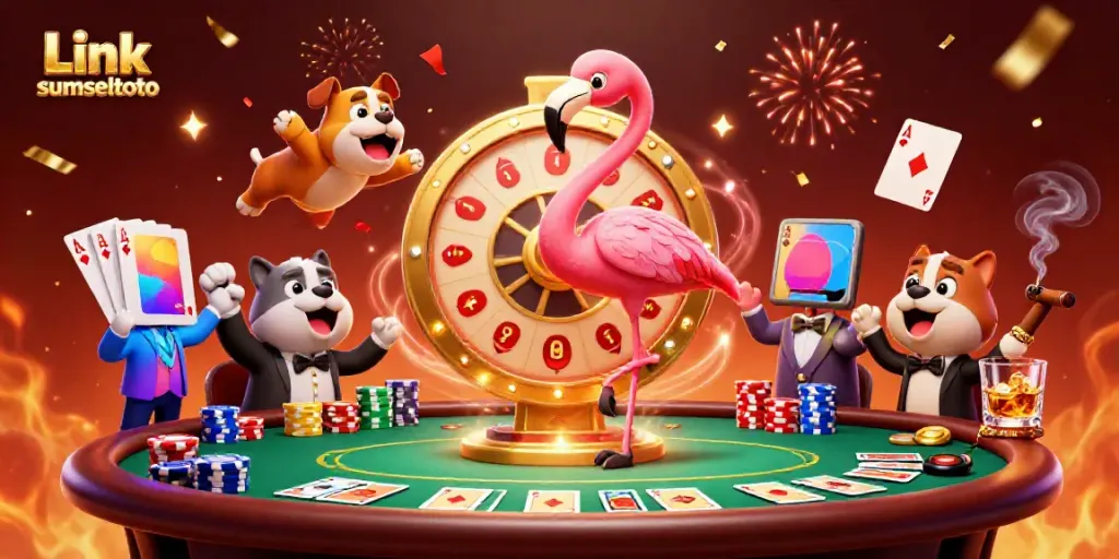 Spin the prize wheel with Link sumseltoto as a flamingo host, bulldog contestant, and prizes.