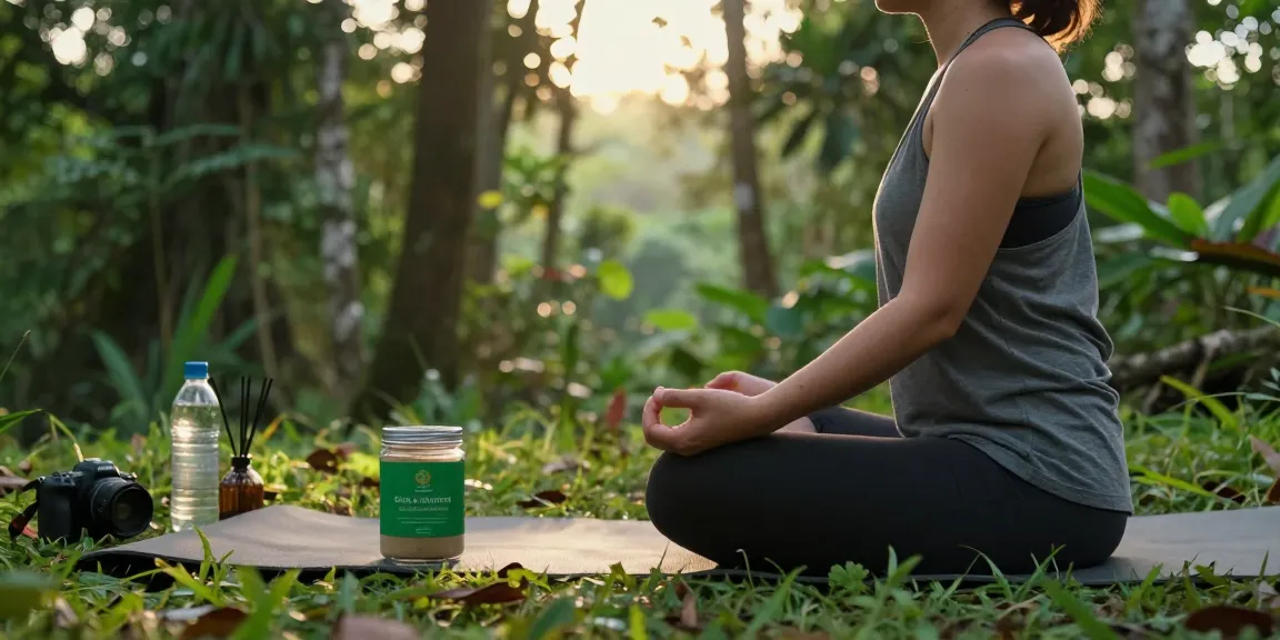 Green Bali Kratom powder near person meditating in serene Bali forest