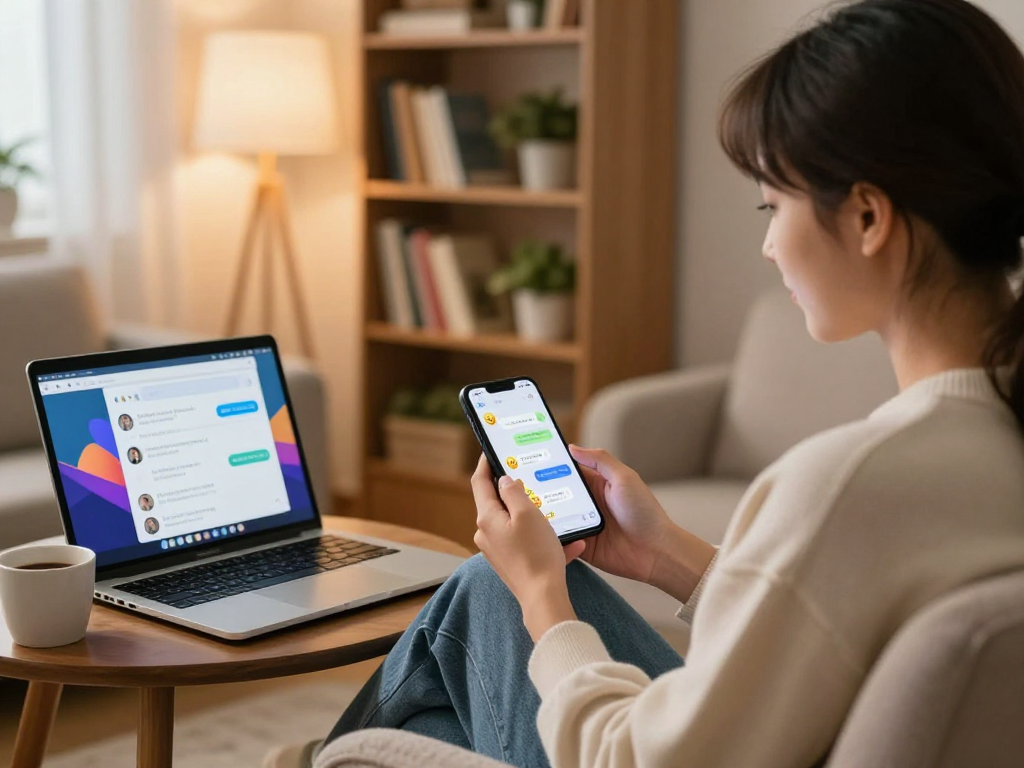 Engaging AI porn chat scene with a user interacting in a cozy living room.