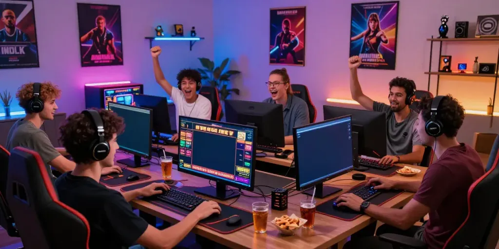 Engaging online gaming scene featuring players around a modern setup, showcasing nhà cái debet excitement and vibrant casino atmosphere.