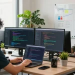 Developers collaborating in a tech workspace utilizing generative AI tools on their screens.