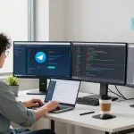 Developers using Telegram下载 in a collaborative workspace.