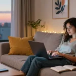 Engaging in NSFW AI chat on a cozy sofa with vibrant surroundings.