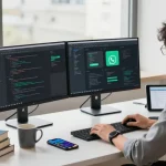 Developer coding WhatsApp下載 app in a modern workspace with dual monitors and technical documentation.