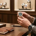 Exploring high-quality clone watches in a stylish boutique setting, showcasing luxury replicas.