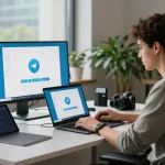 Developer focused on Telegram Download interface in a modern workspace, showcasing a vibrant tech environment.